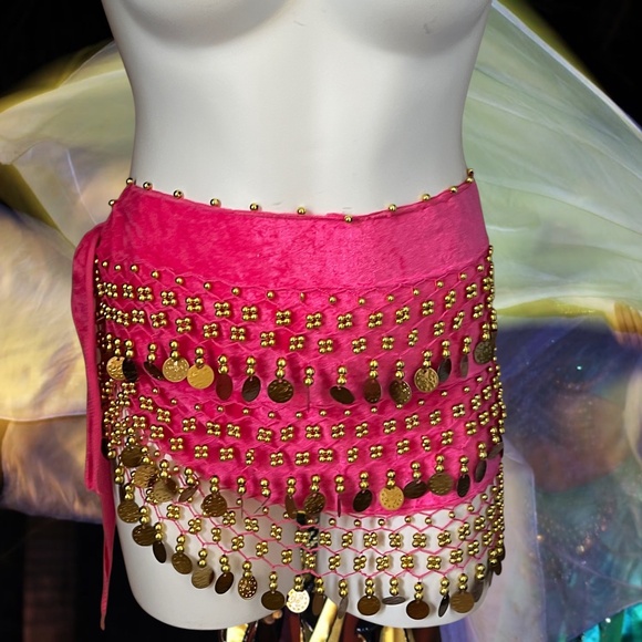 Vintage Velvet Belly Dance Hip Scarf Pink with Gold Coins - Picture 3 of 9